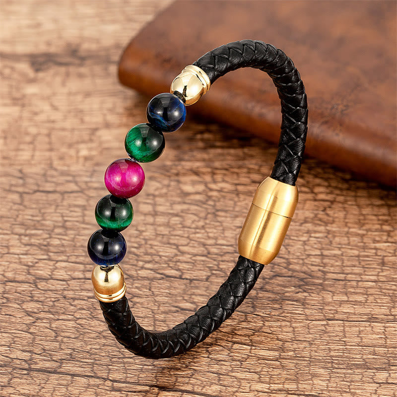 Blue Agate Tiger Eye Lava Rock Black Onyx Lazurite Bead Protection Leather Bracelet