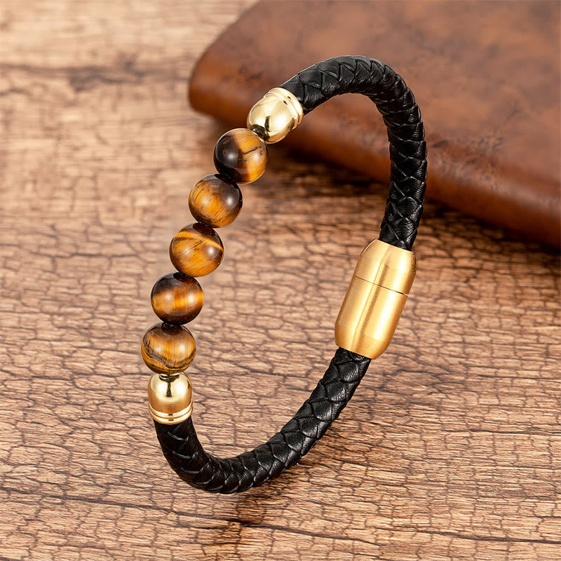 Blue Agate Tiger Eye Lava Rock Black Onyx Lazurite Bead Protection Leather Bracelet