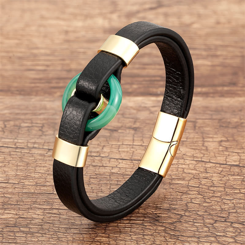 Round Natural Gemstone Leather Bracelet with Magnetic Buckle