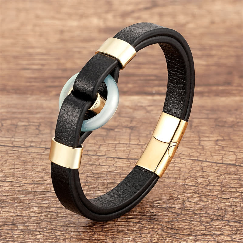 Round Natural Gemstone Leather Bracelet with Magnetic Buckle