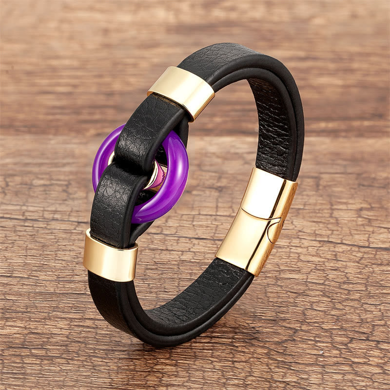 Round Natural Gemstone Leather Bracelet with Magnetic Buckle
