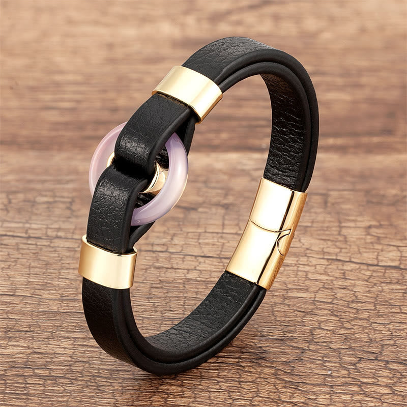 Round Natural Gemstone Leather Bracelet with Magnetic Buckle