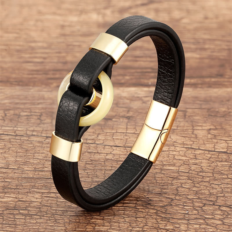 Round Natural Gemstone Leather Bracelet with Magnetic Buckle