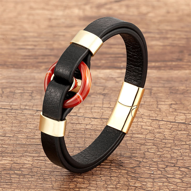 Round Natural Gemstone Leather Bracelet with Magnetic Buckle