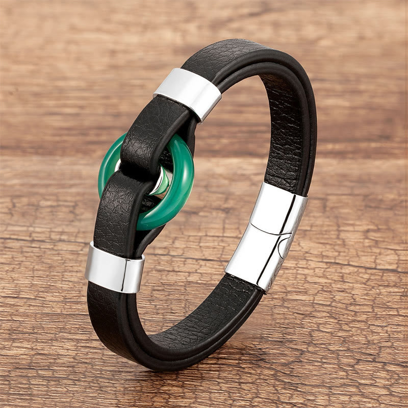 Round Natural Gemstone Leather Bracelet with Magnetic Buckle