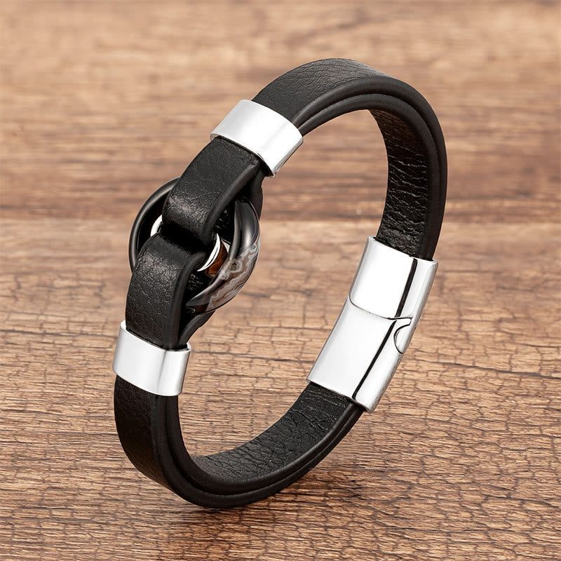 Round Natural Gemstone Leather Bracelet with Magnetic Buckle