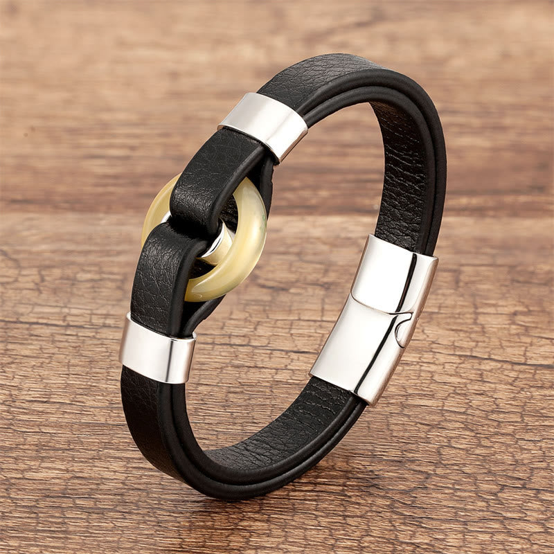 Round Natural Gemstone Leather Bracelet with Magnetic Buckle
