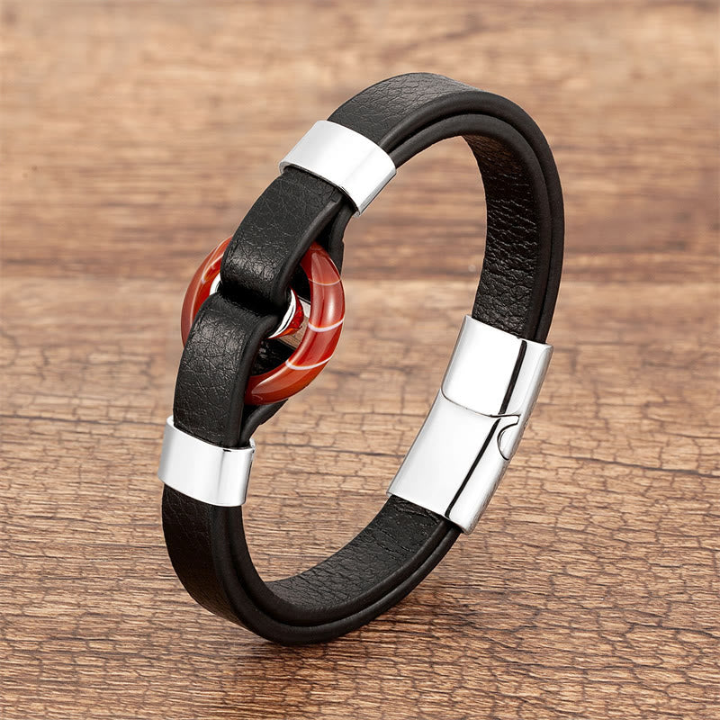Round Natural Gemstone Leather Bracelet with Magnetic Buckle