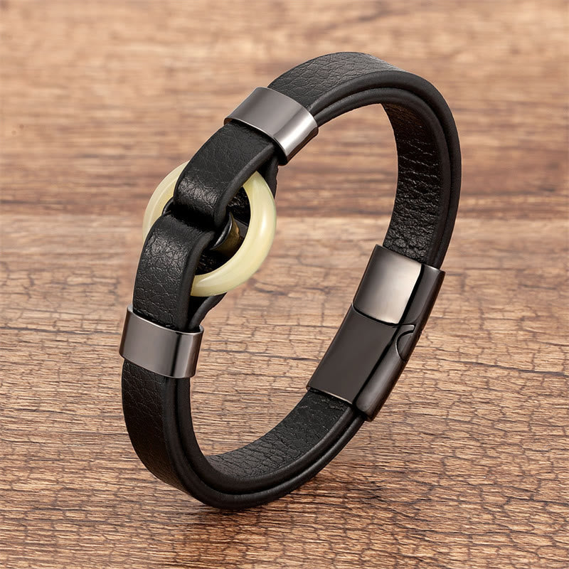Round Natural Gemstone Leather Bracelet with Magnetic Buckle