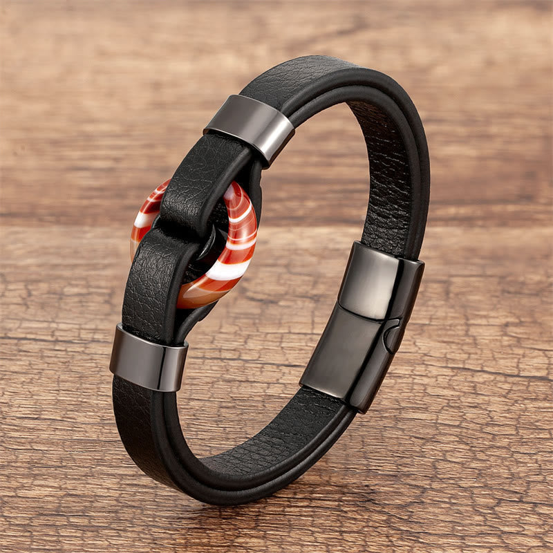 Round Natural Gemstone Leather Bracelet with Magnetic Buckle