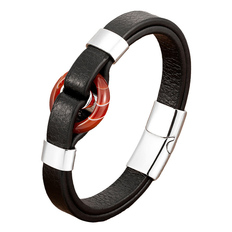 Round Natural Gemstone Leather Bracelet with Magnetic Buckle