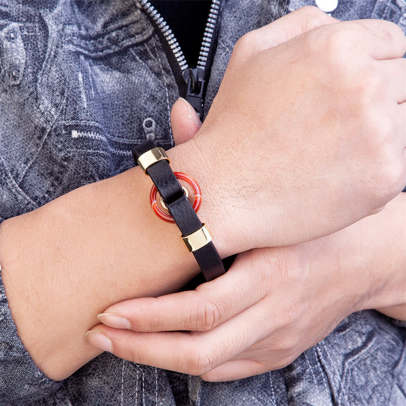 Round Natural Gemstone Leather Bracelet with Magnetic Buckle