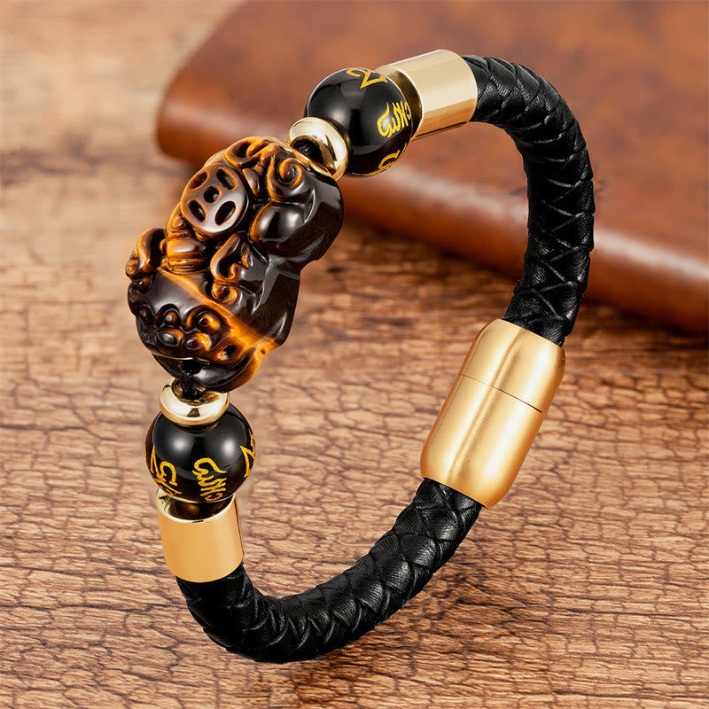 Tiger Eye Black Onyx Red Agate PiXiu Copper Coin Om Mani Padme Hum Strength Leather Bracelet