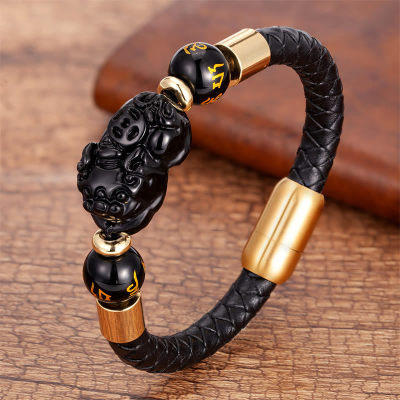 Tiger Eye Black Onyx Red Agate PiXiu Copper Coin Om Mani Padme Hum Strength Leather Bracelet