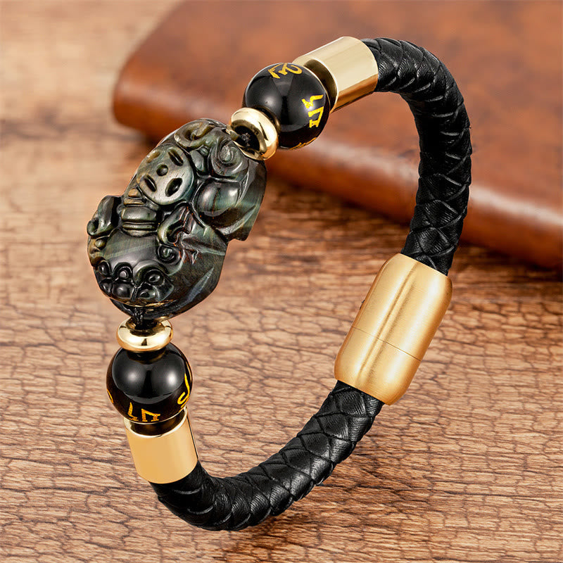 Tiger Eye Black Onyx Red Agate PiXiu Copper Coin Om Mani Padme Hum Strength Leather Bracelet