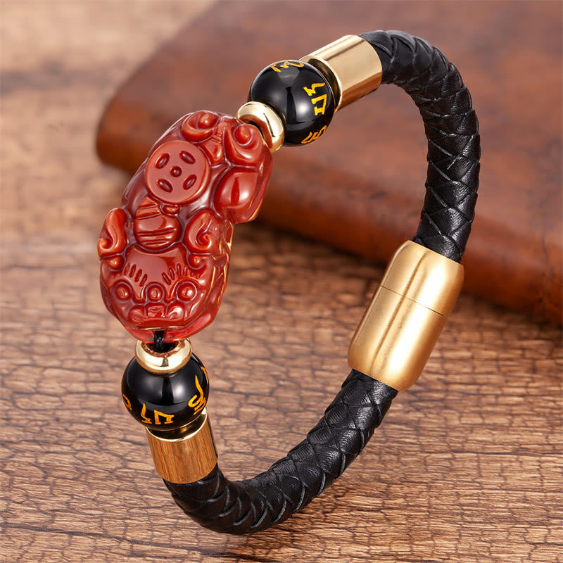 Tiger Eye Black Onyx Red Agate PiXiu Copper Coin Om Mani Padme Hum Strength Leather Bracelet