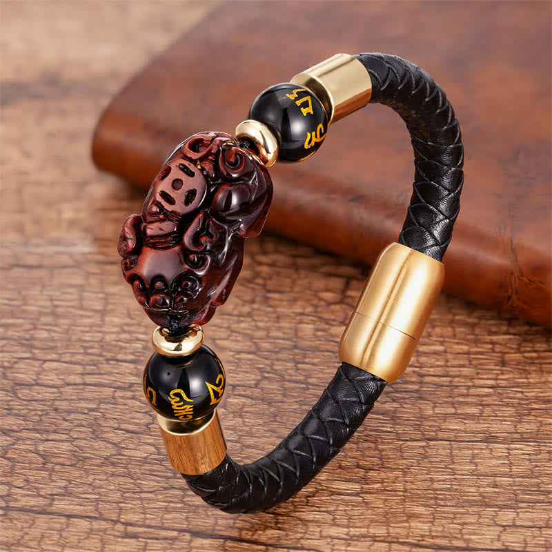 Tiger Eye Black Onyx Red Agate PiXiu Copper Coin Om Mani Padme Hum Strength Leather Bracelet