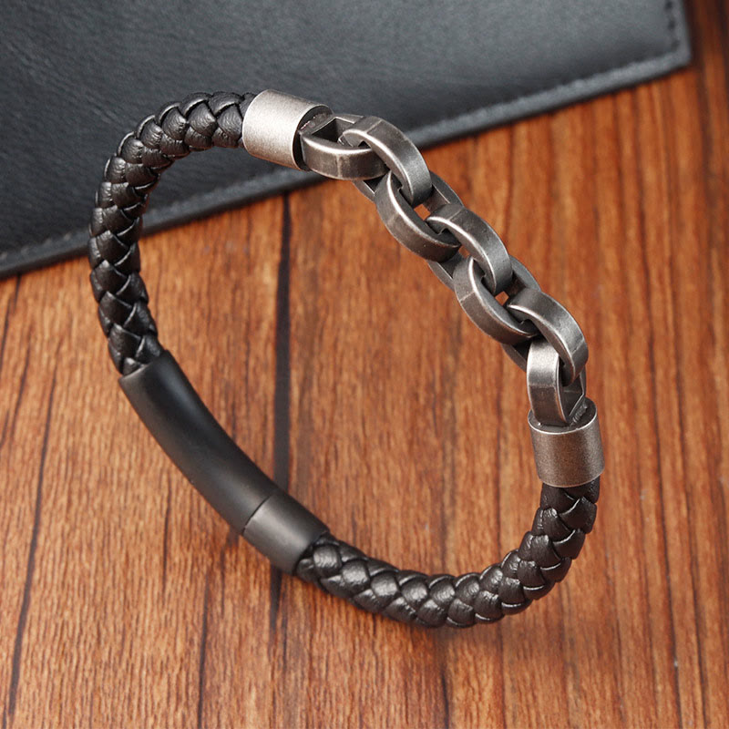 Chain Design Titanium Steel Balance Leather Braided Buckle Bracelet