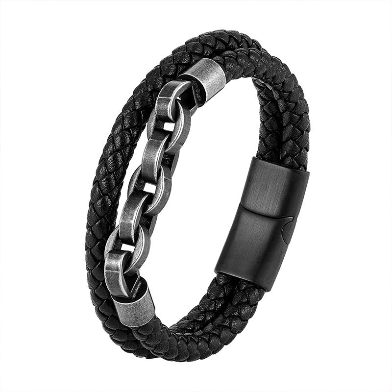 Chain Design Titanium Steel Balance Leather Braided Buckle Bracelet