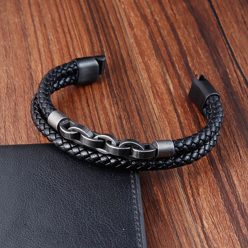 Chain Design Titanium Steel Balance Leather Braided Buckle Bracelet