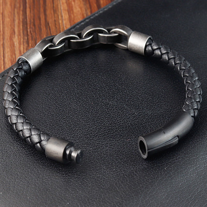 Chain Design Titanium Steel Balance Leather Braided Buckle Bracelet