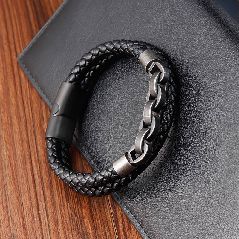 Chain Design Titanium Steel Balance Leather Braided Buckle Bracelet