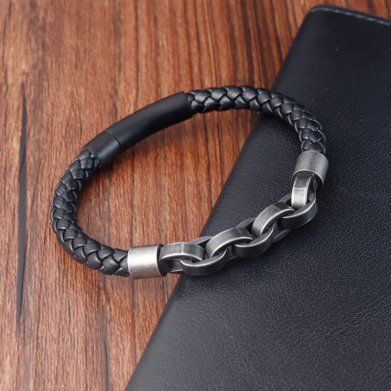 Chain Design Titanium Steel Balance Leather Braided Buckle Bracelet