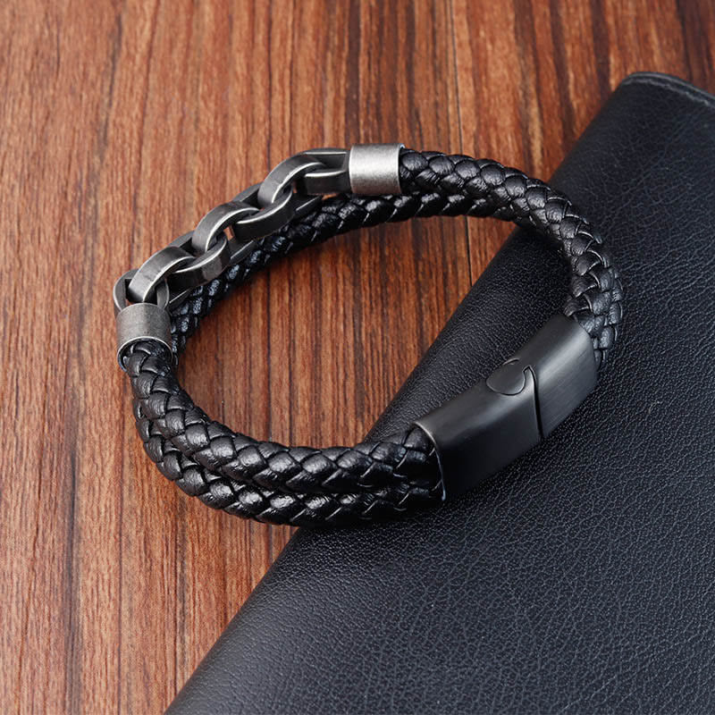 Chain Design Titanium Steel Balance Leather Braided Buckle Bracelet