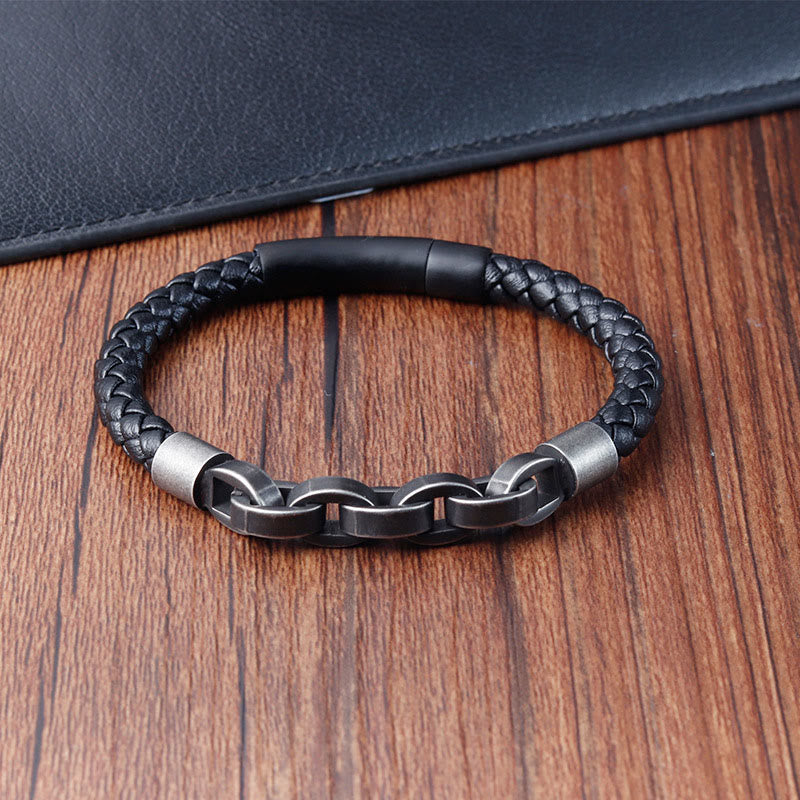 Chain Design Titanium Steel Balance Leather Braided Buckle Bracelet