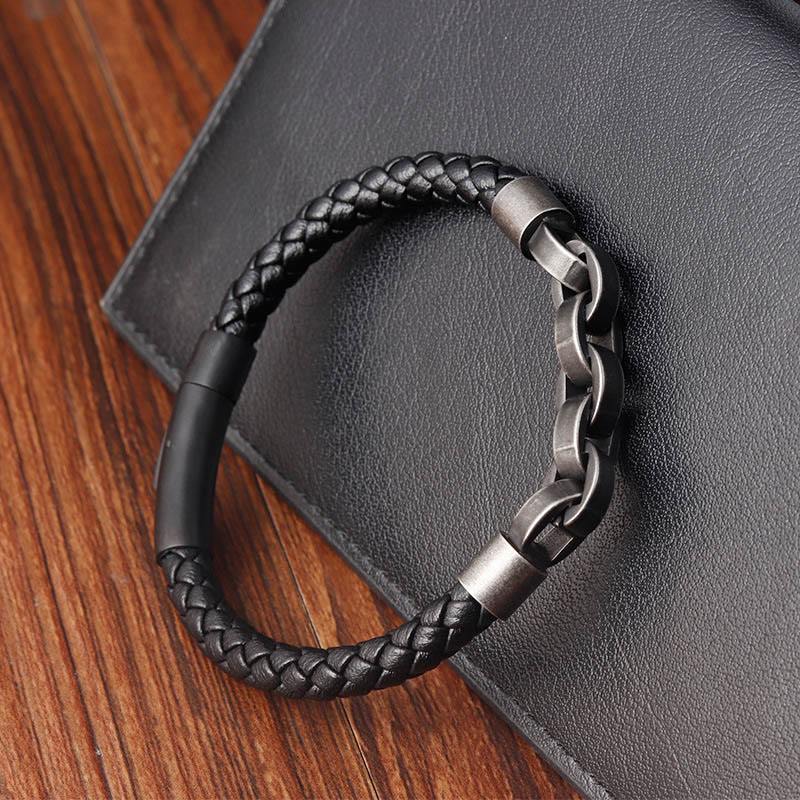 Chain Design Titanium Steel Balance Leather Braided Buckle Bracelet