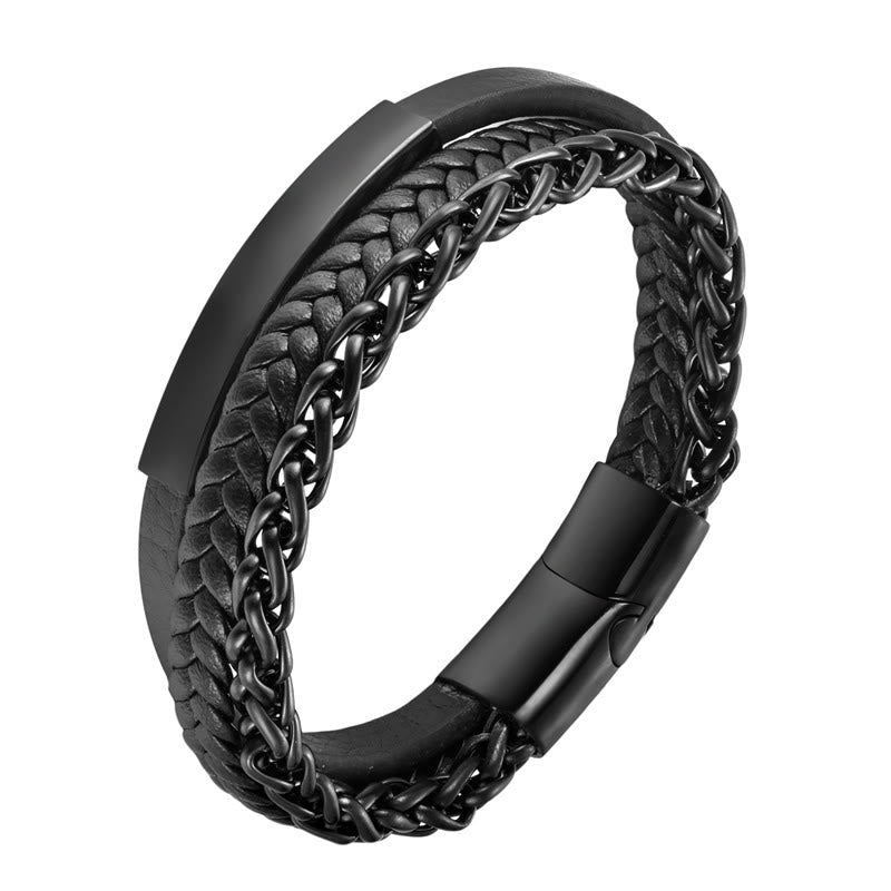 Multi-layered Titanium Steel and Leather Buckle Bracelet
