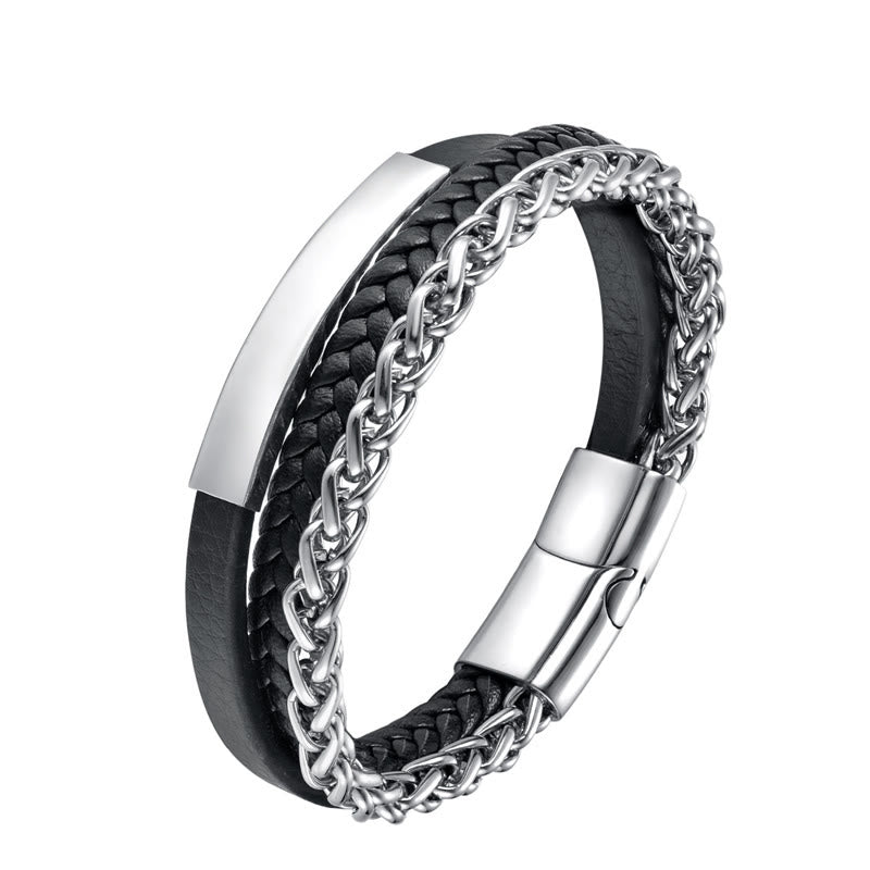 Multi-layered Titanium Steel and Leather Buckle Bracelet