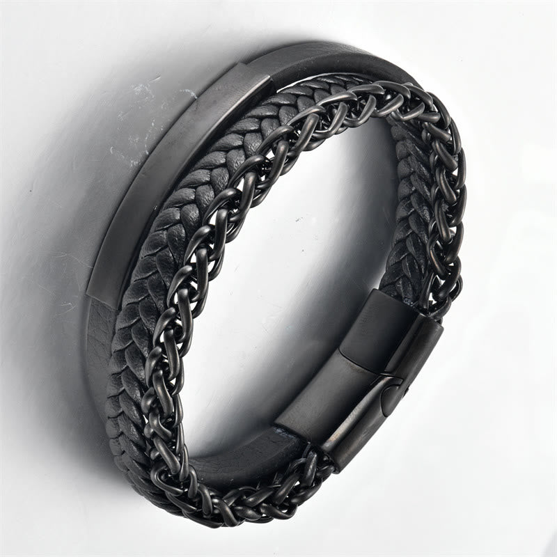 Multi-layered Titanium Steel and Leather Buckle Bracelet