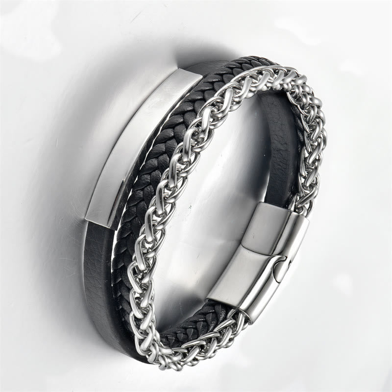 Multi-layered Titanium Steel and Leather Buckle Bracelet