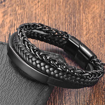 Multi-layered Titanium Steel and Leather Buckle Bracelet