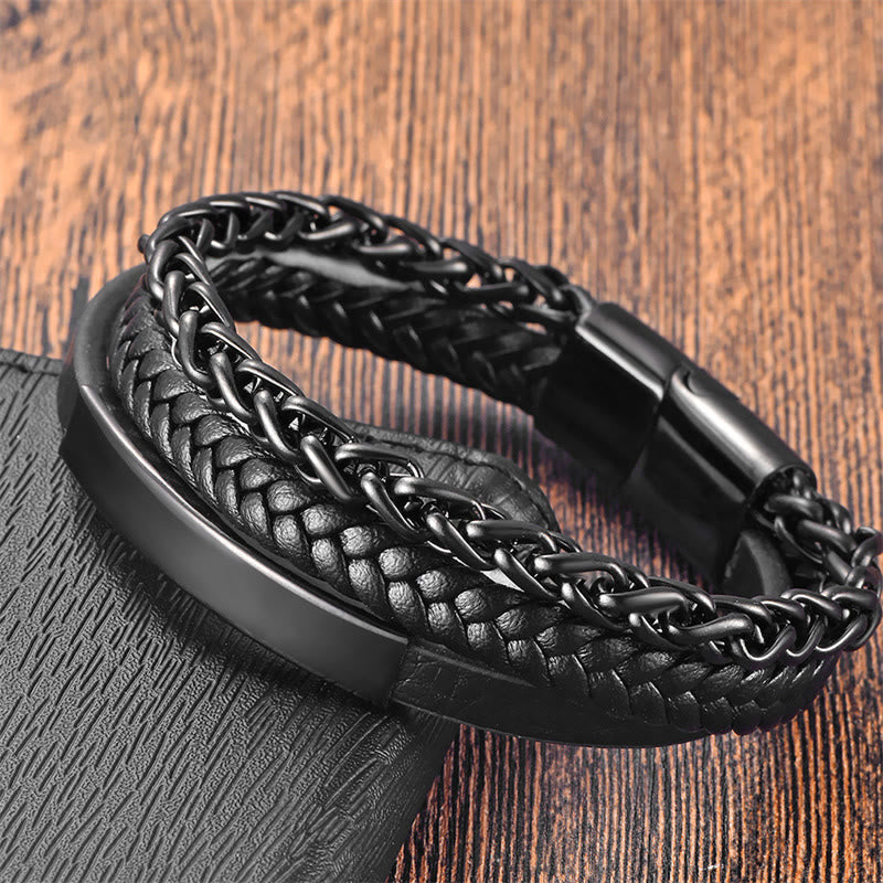 Multi-layered Titanium Steel and Leather Buckle Bracelet