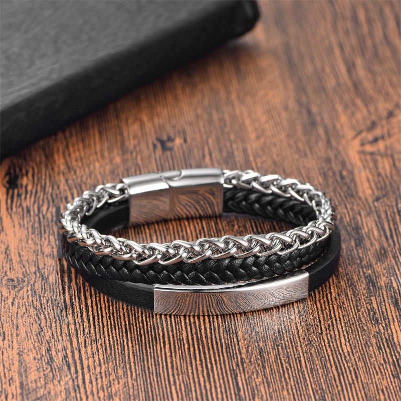 Multi-layered Titanium Steel and Leather Buckle Bracelet