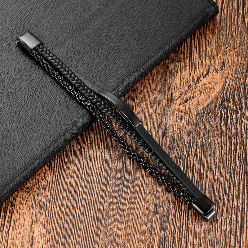 Multi-layered Titanium Steel and Leather Buckle Bracelet