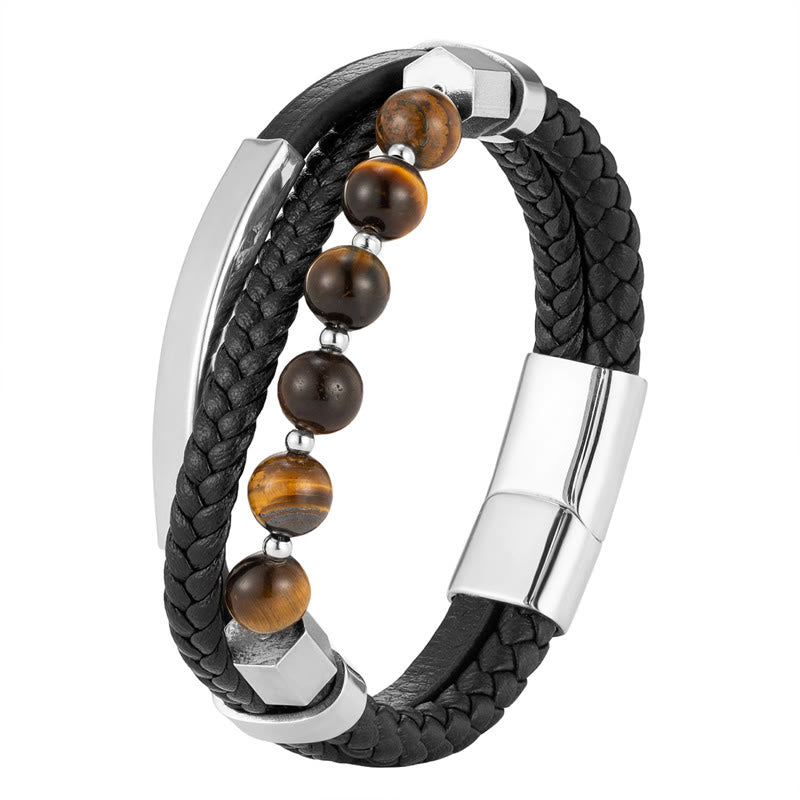 Tiger Eye Bead Multi-layered Grounding Leather Buckle Bracelet