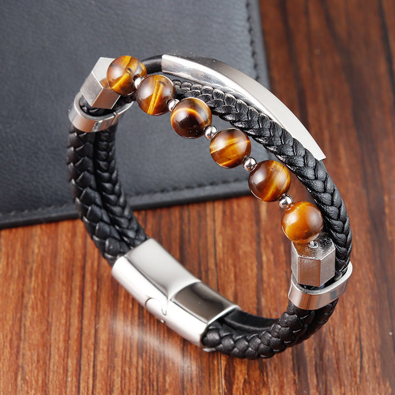 Tiger Eye Bead Multi-layered Grounding Leather Buckle Bracelet