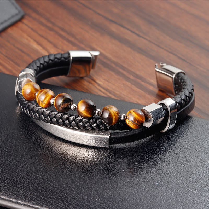 Tiger Eye Bead Multi-layered Grounding Leather Buckle Bracelet