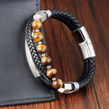 Tiger Eye Bead Multi-layered Grounding Leather Buckle Bracelet