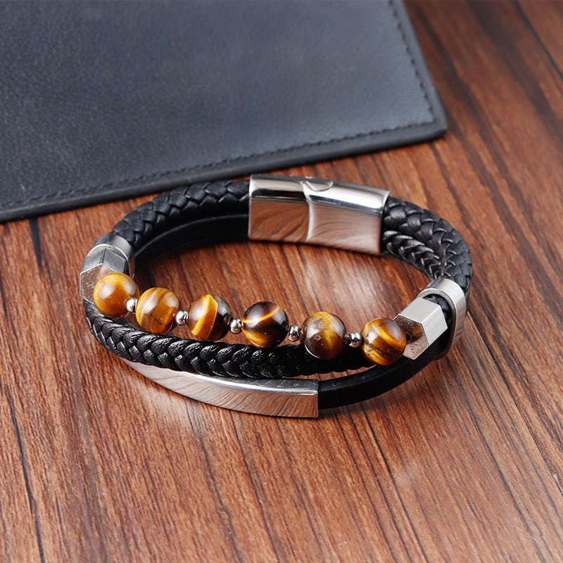 Tiger Eye Bead Multi-layered Grounding Leather Buckle Bracelet