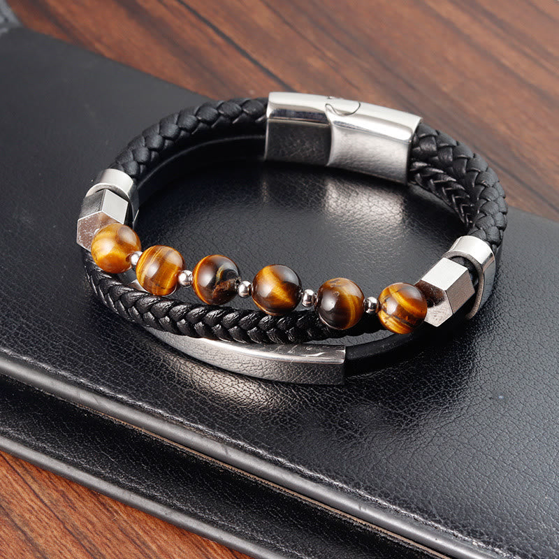 Tiger Eye Bead Multi-layered Grounding Leather Buckle Bracelet