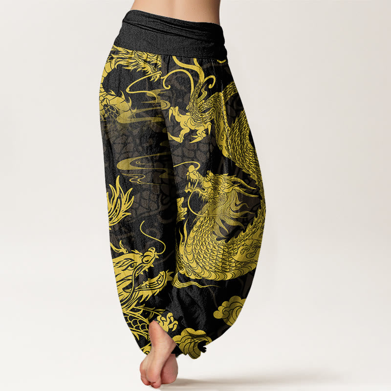 Cotton Dragon Auspicious Clouds Women's Elastic Waist Harem Pants