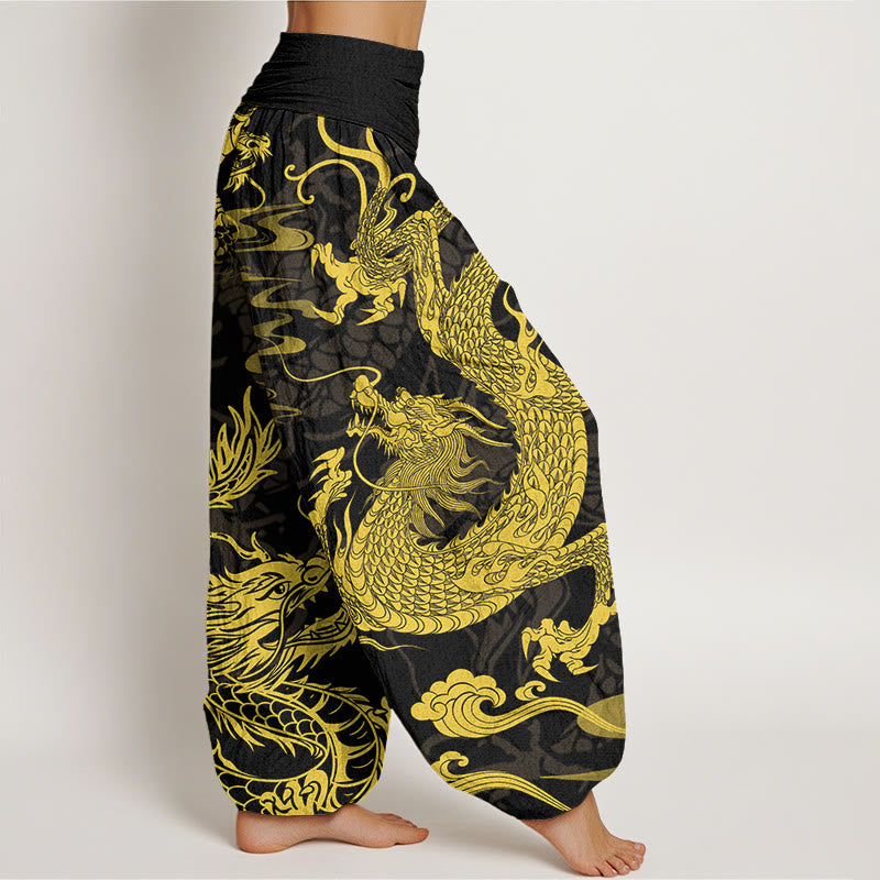 Cotton Dragon Auspicious Clouds Women's Elastic Waist Harem Pants