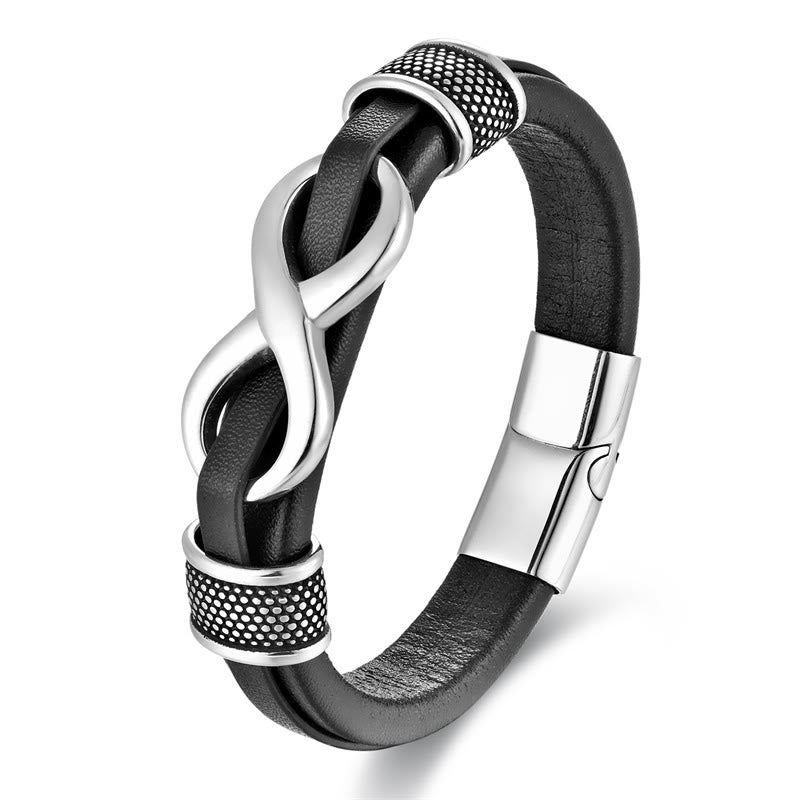 Endless Knot Infinity Symbol Titanium Steel and Leather Buckle Bracelet