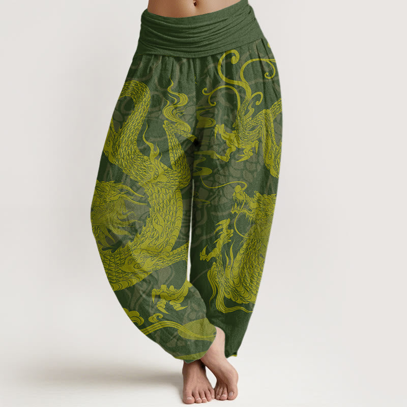 Cotton Dragon Auspicious Clouds Women's Elastic Waist Harem Pants