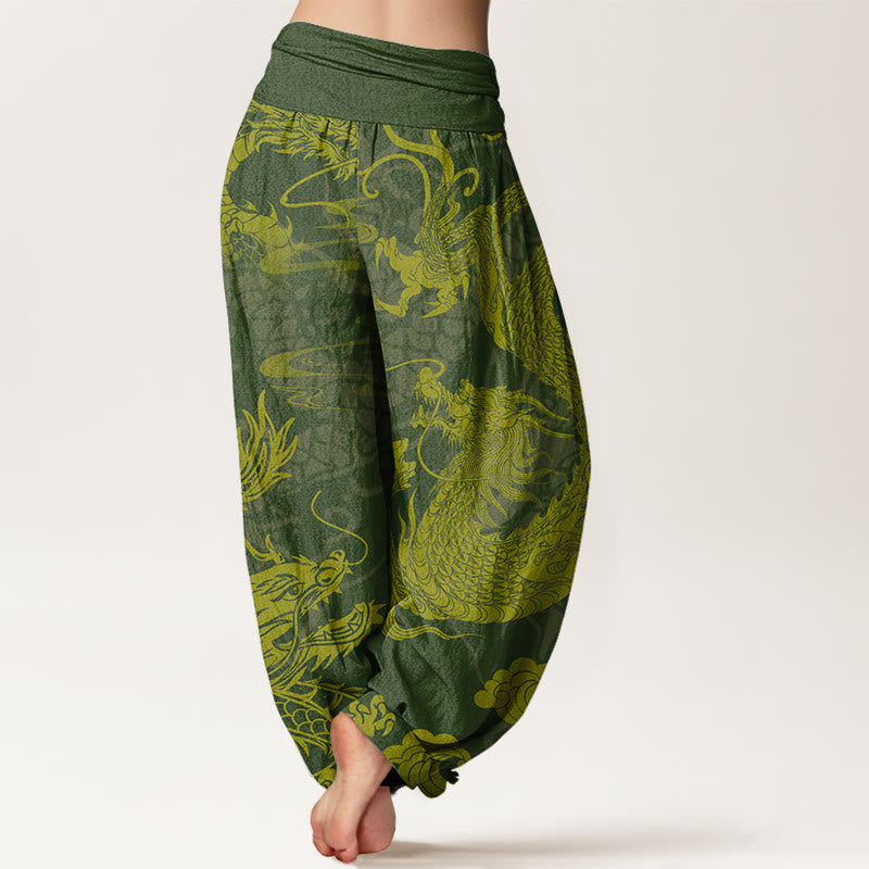 Cotton Dragon Auspicious Clouds Women's Elastic Waist Harem Pants