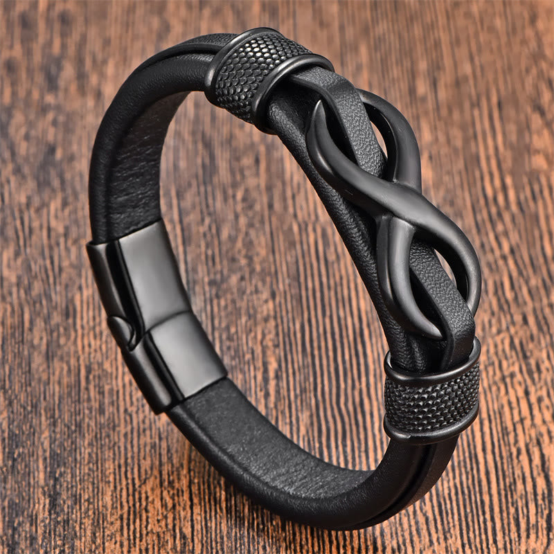 Endless Knot Infinity Symbol Titanium Steel and Leather Buckle Bracelet